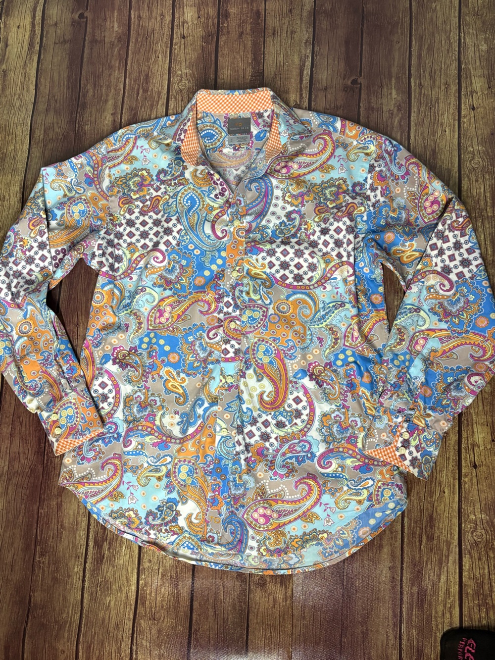 Thomas Dean Paisley Print Button-Up Shirt in Blue, Orange, Pink Size M